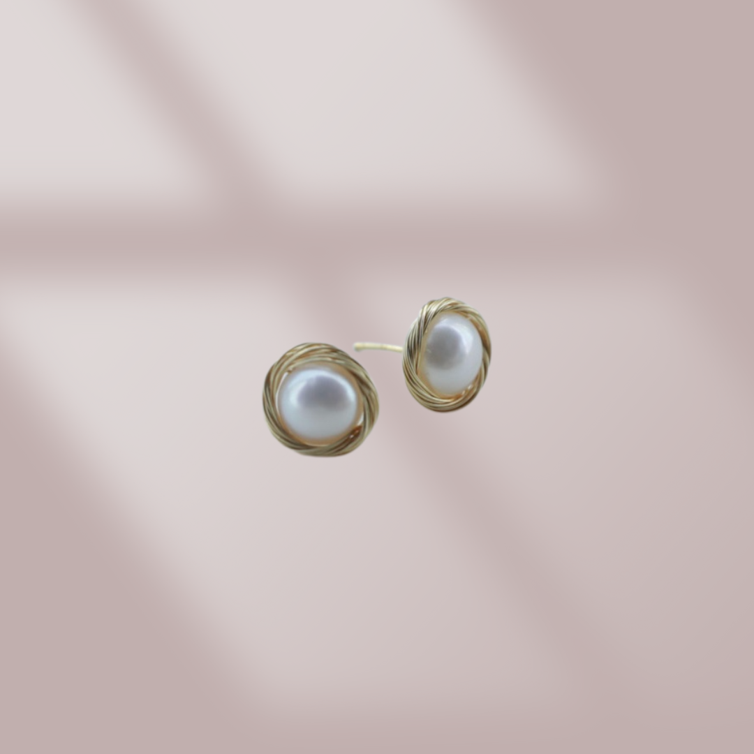 Golden Swirl Pearl Stud Earrings