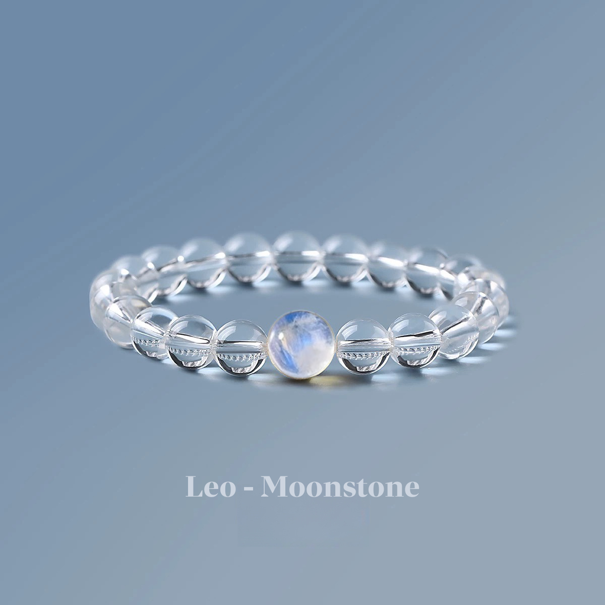 Clear quartz zodiac bracelet from the Healing Jewellery collection, featuring a central moonstone bead. Designed for Leo, this bracelet combines the clarity of quartz with the calming, intuitive energy of moonstone.