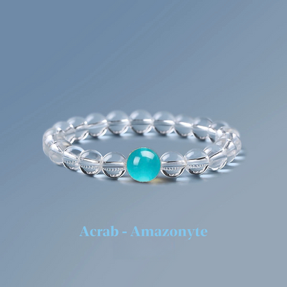 Clear quartz zodiac bracelet from the Healing Jewellery collection, featuring a central amazonite bead. Part of the zodiac bracelet series, this design combines the clarity of quartz with the calming energy of amazonite.